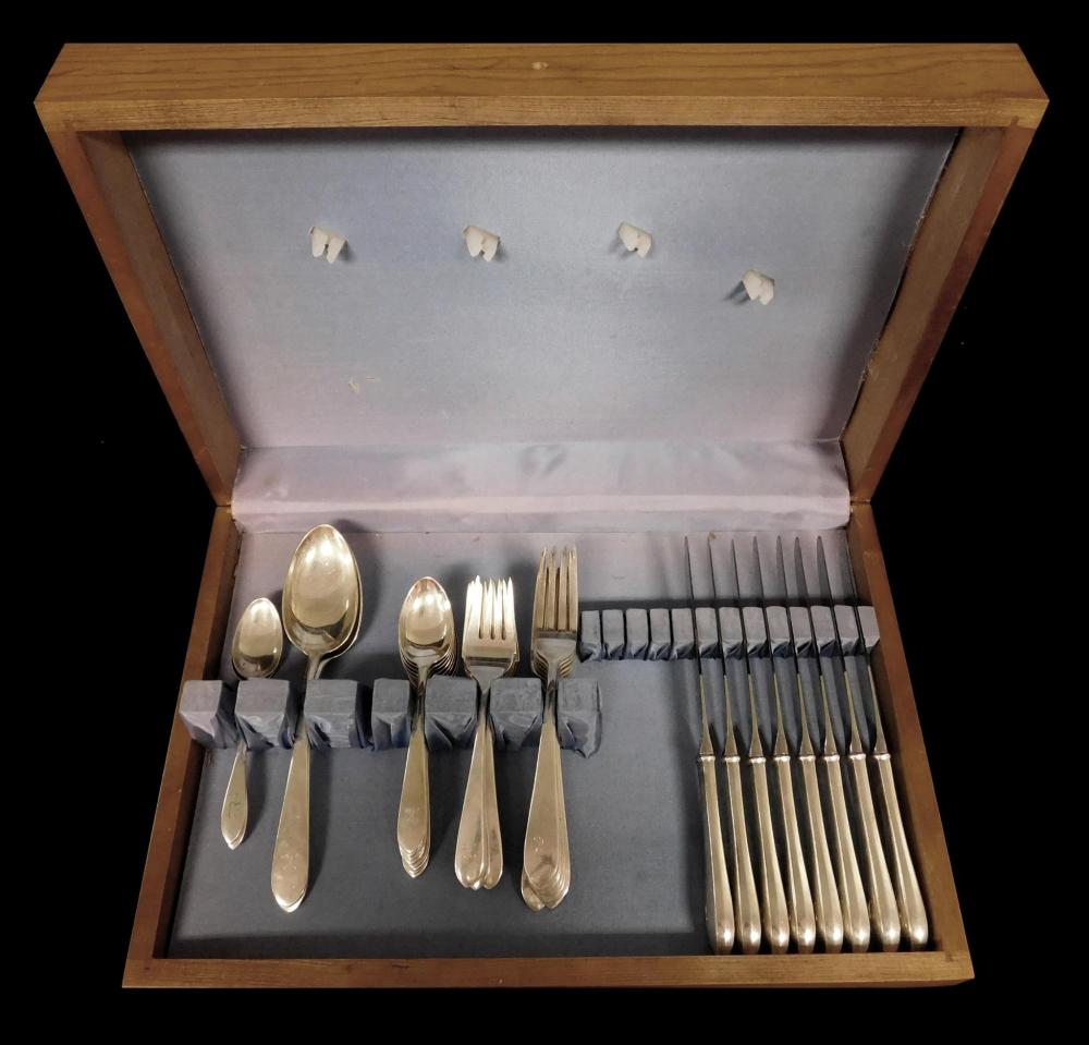 STERLING: S. Kirk & Son sterling silver flatware service for eight in fitted wood case, thirty-six pieces, all monogrammed "R", piec...