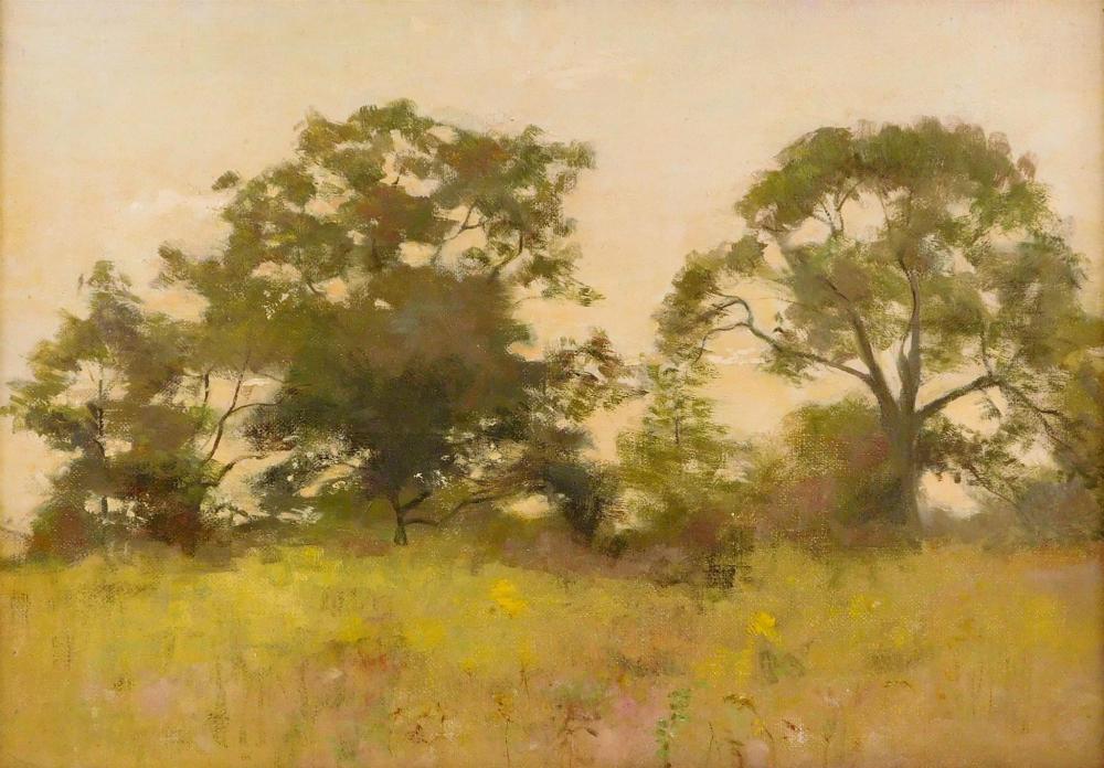 Attributed Fannie C. Burr (Connecticut, 1858 - 1931), "Spring Meadow", c.1880 oil on canvas, landscape with meadow and trees, golden...