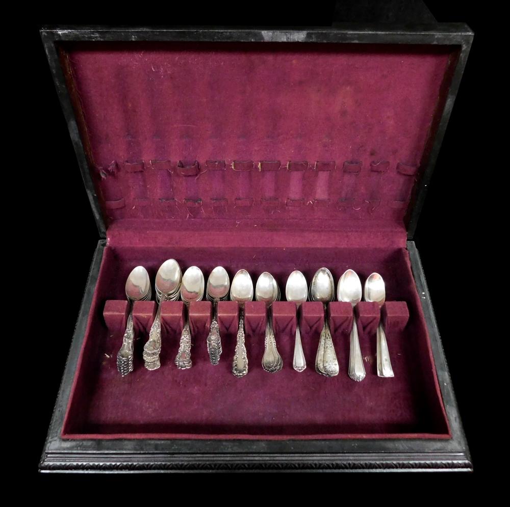 STERLING: Fifty-one sterling teaspoons by Whiting, Wallace, Reed & Barton, Gorham, etc., eight different patterns, all marked sterli...