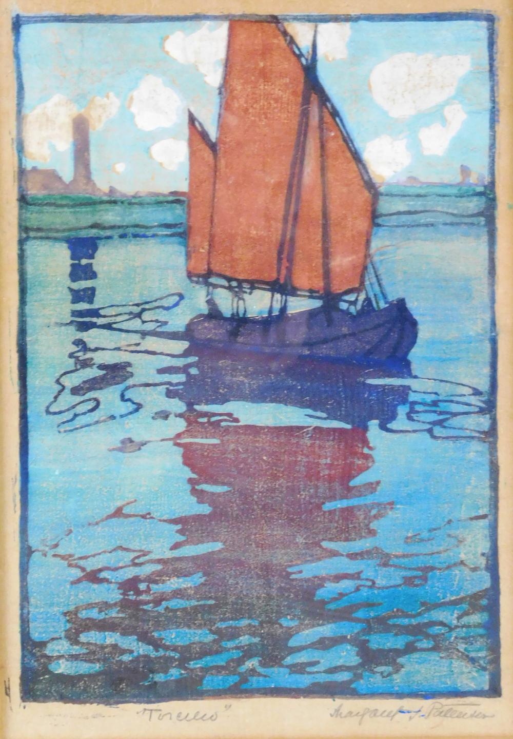 Margaret J. Patterson (American, 1867-1950), "Torcello", colored woodblock print, boat with red sails in bay, rippled reflections on...