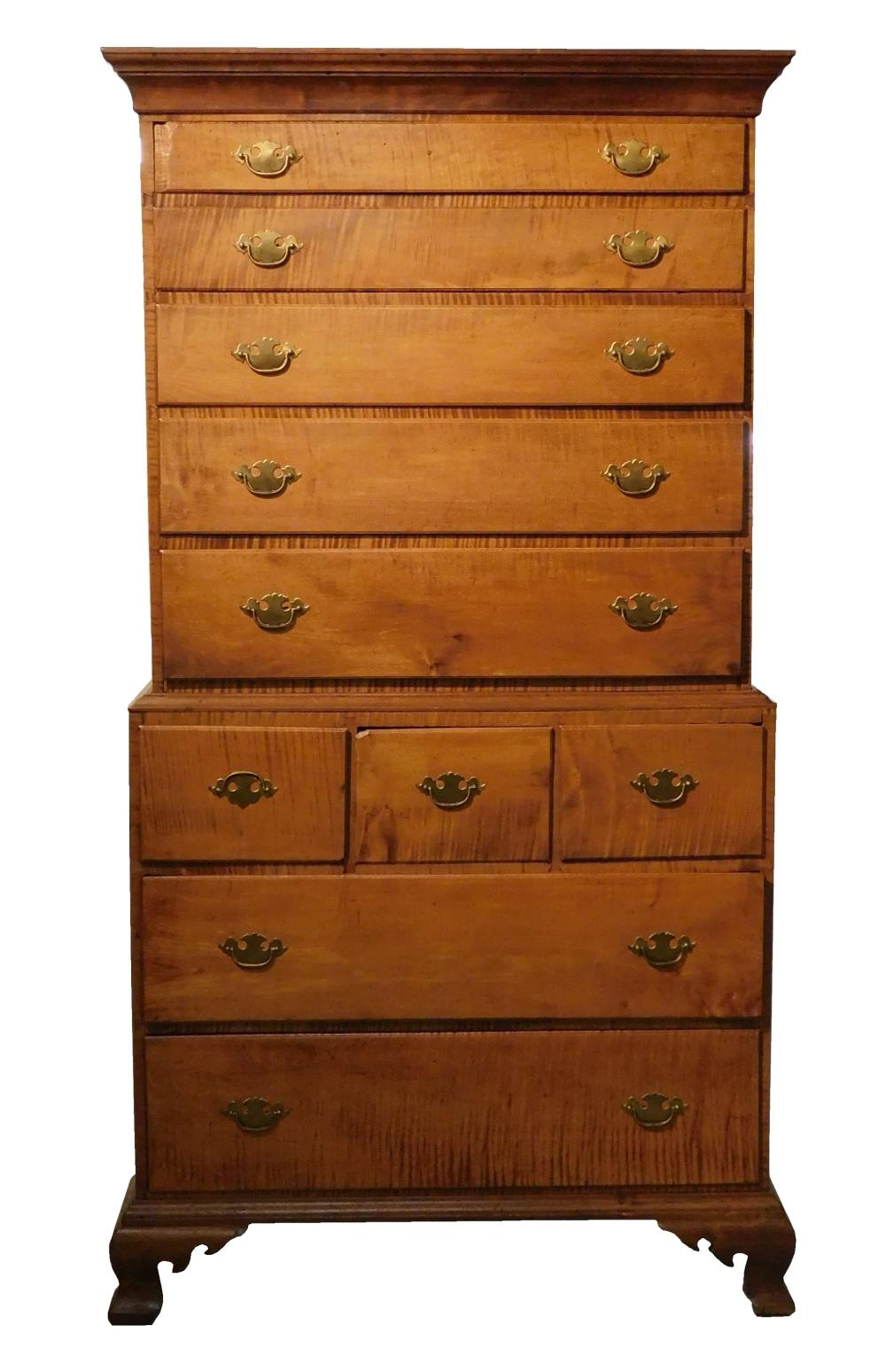 Chest on chest, 18th C., American, figured maple, in two pieces, upper case with molded crest over five graduated long drawers with...