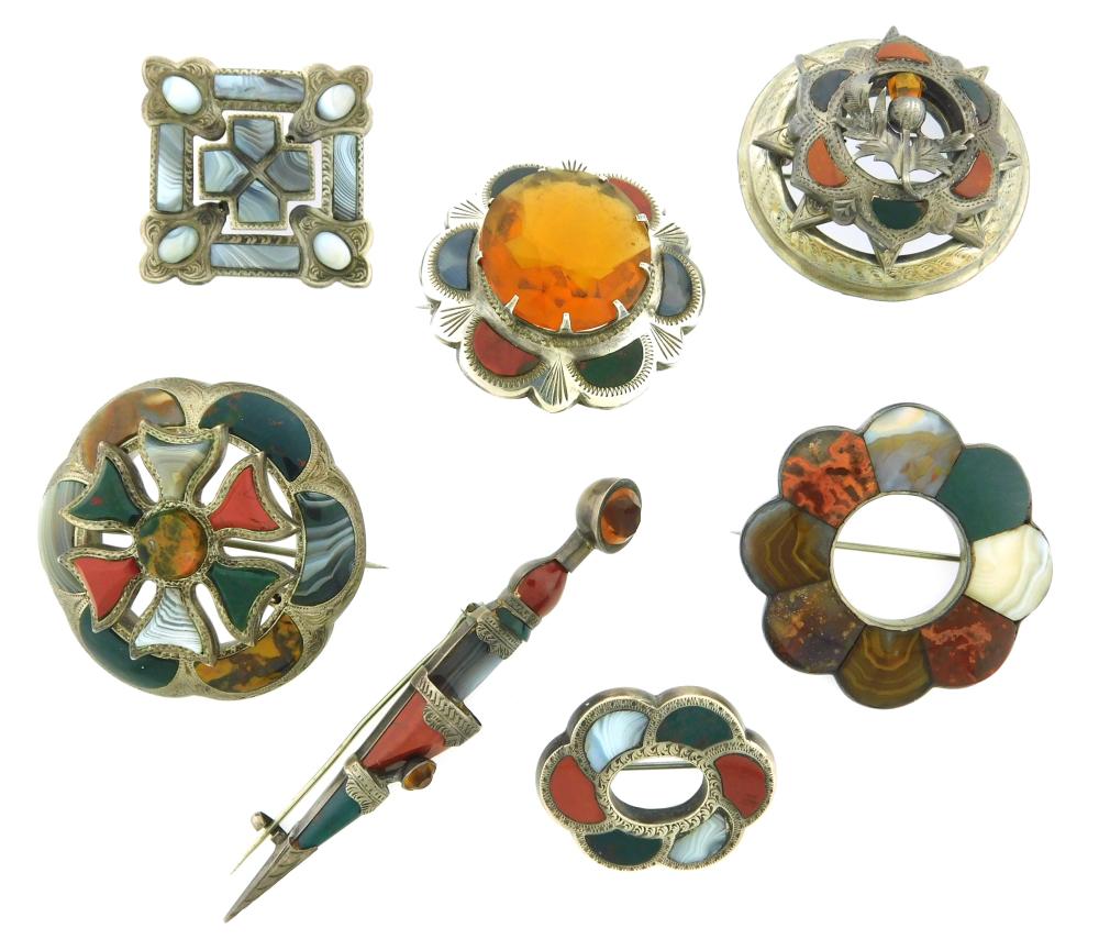 JEWELRY: Scottish Agate Pins, set of seven, all tested silver, details include: round pin with scalloped edge, 2" diam.; round star...