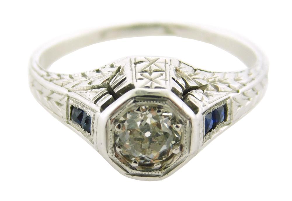 JEWELRY: 18K Edwardian Diamond Ring, filigree style ring was tested 18K white gold, center set with one old European cut diamond, ap...