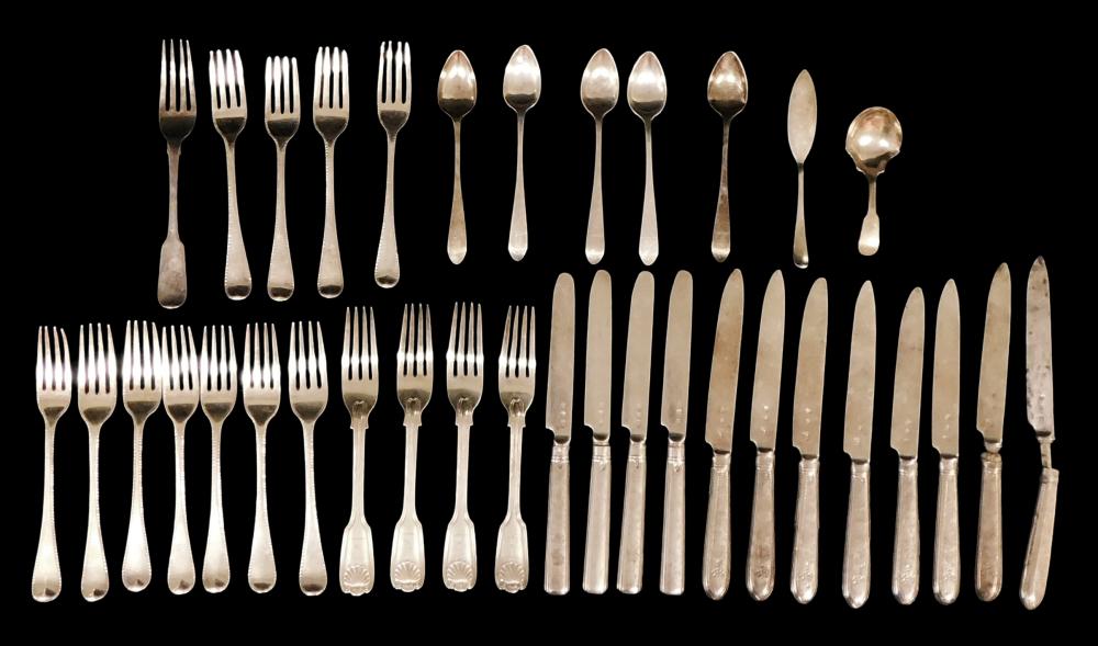 STERLING: Early British sterling silver flatware, thirty-one pieces, many with Georgian duty mark and/ or family crest engraving, all with sterling standard hallmark, details include: four dinner forks with raised she...