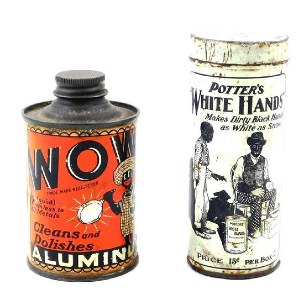 BLACK AMERICANA: Two tin advertising containers picturing African Americans: "Wow Polish"by A.P. & F. Co., c. 1930, 4 1/4" h. x 2 1/...