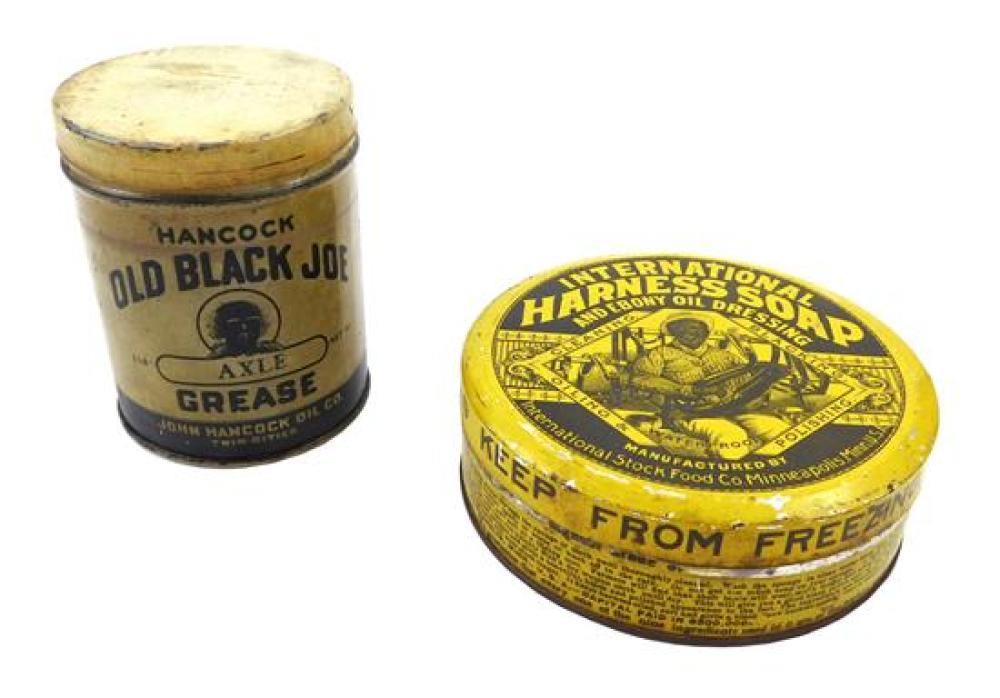 BLACK AMERICANA: Two advertising tin containers with black images, c. 1930: Hancock "Old Black Joe Axle Grease", 3 1/4" diameter x 4...