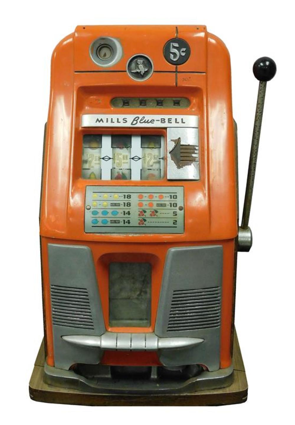 Mills Blue Bell 5¢ slot machine, orange painted body, with key, unknown working condition, wear consistent with age and use, includi...