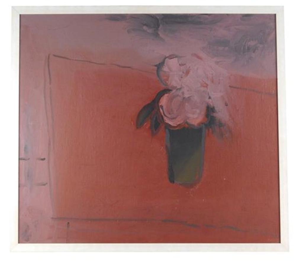 20th C. oil on linen, double sided painting in moody hues of maroon, grey, and pink, front with a single vase of flowers on an expan...