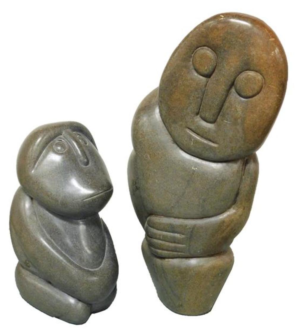 Two carved stone sculptures, 20th C., artists unknown/ no signatures viewed, details include: sitting baboon, 13" h. x 6" w. x 8" d....
