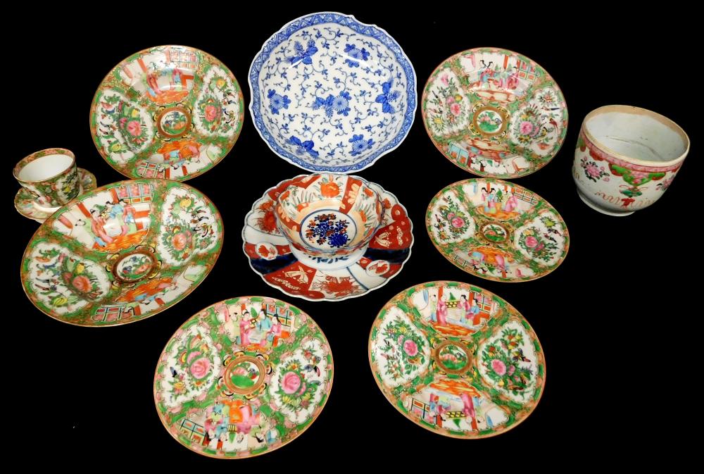 ASIAN: Eleven pieces of export porcelain, 19th-20th C., including Chinese Rose Medallion: 3 bowls, 9" diam.; 3 plates, 7" diam.; 1 c...