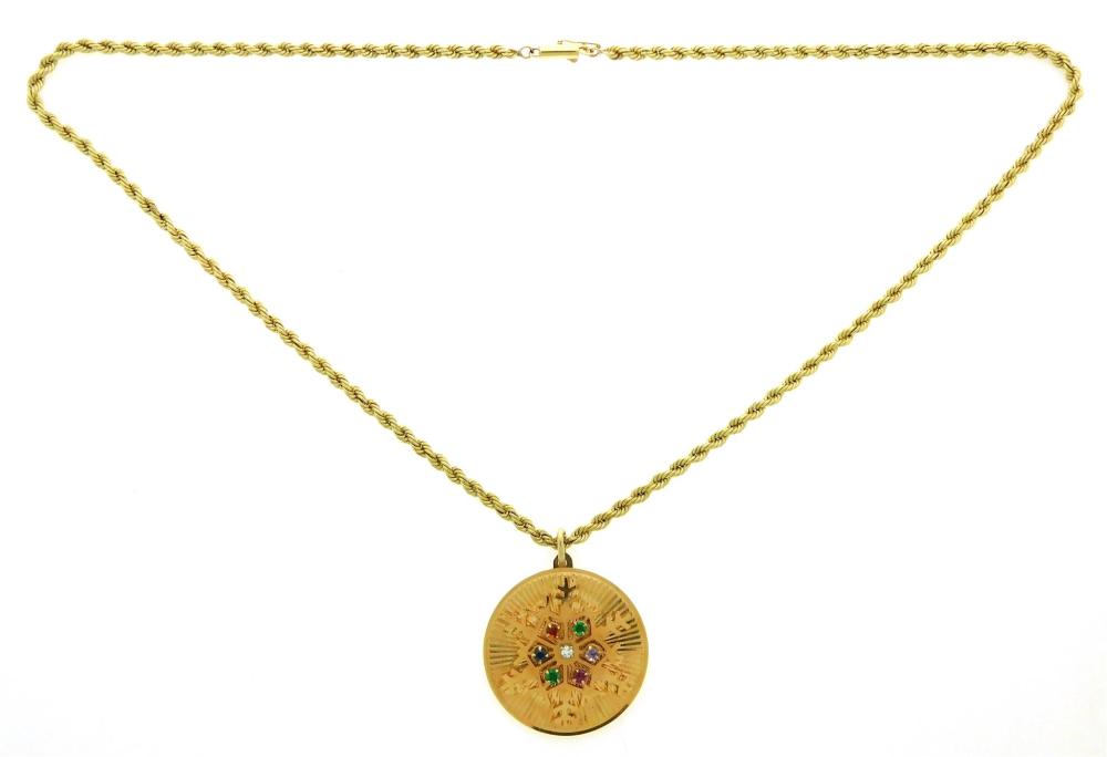 JEWELRY: 14K Snowflake Pendant with Chain: pendant is stamped and tested "14K" yellow gold, 1 ¼" dia., raised snowflake on front is ...