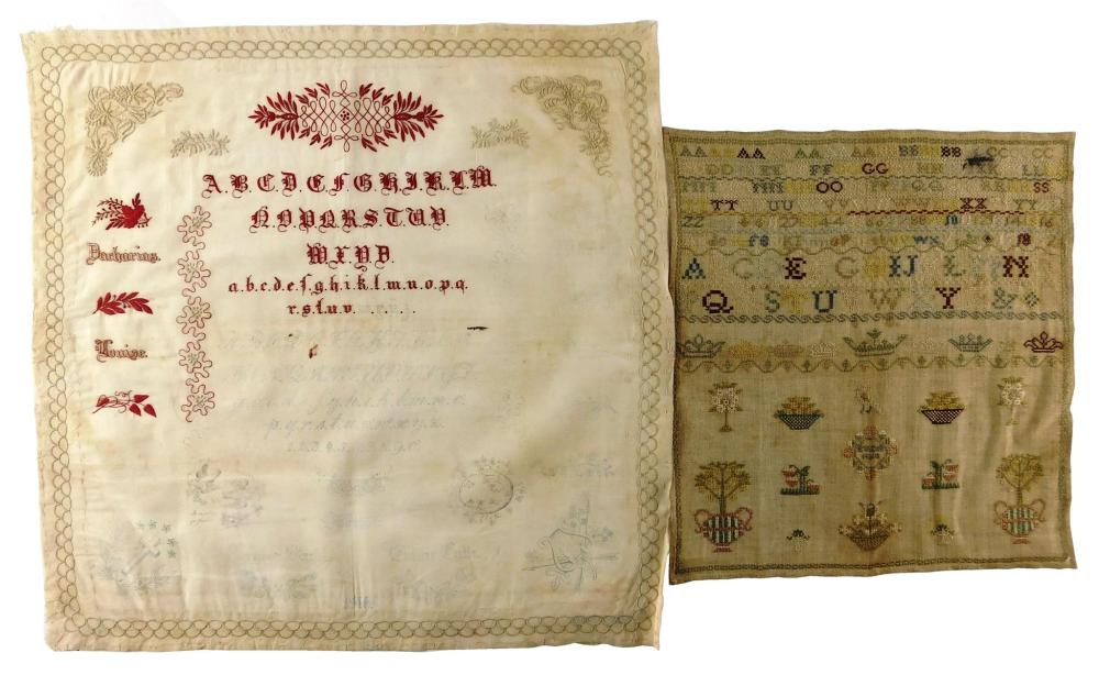 SAMPLERS: Two embroidered Continental samplers, early to mid-19th C., details include: smaller embroidered square dated 1810, Dutch,...