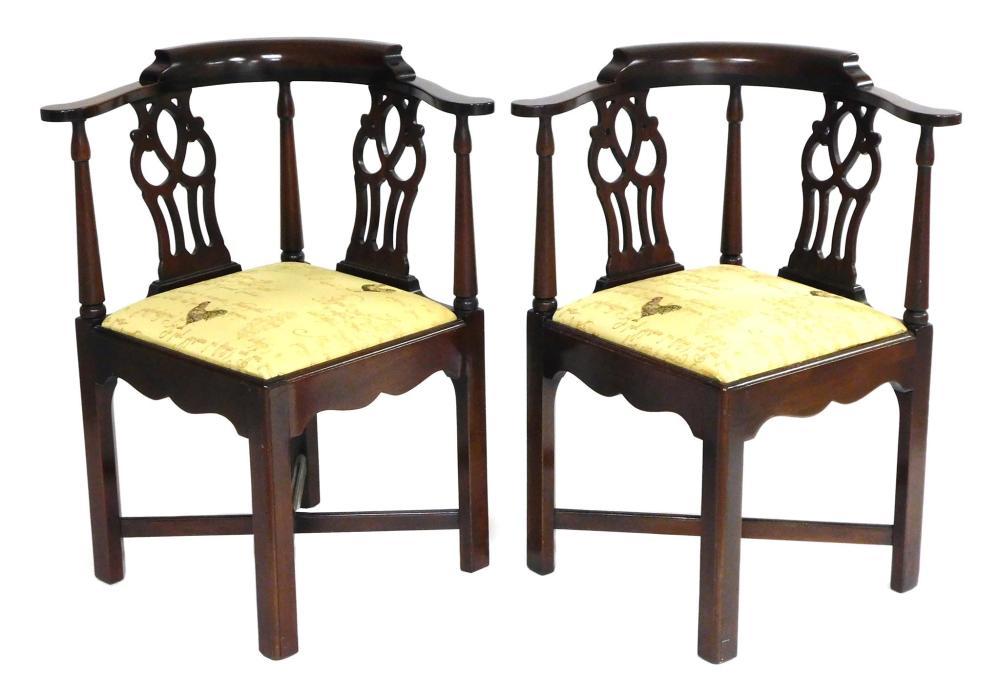 Pair of mahogany Chippendale style corner chairs, upholstered slip seats, low crest rail and pierced splats, shaped skirt, squared l...