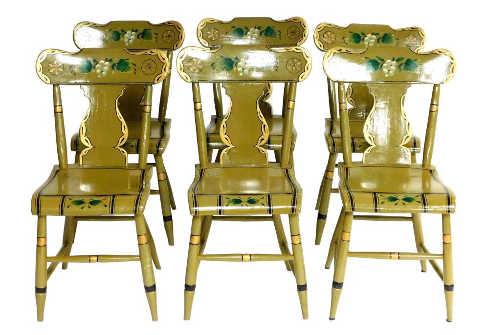 Set of six Pennsylvania side chairs, c. 1830, green painted finish with black and gilt accents, green and white painted grape design...