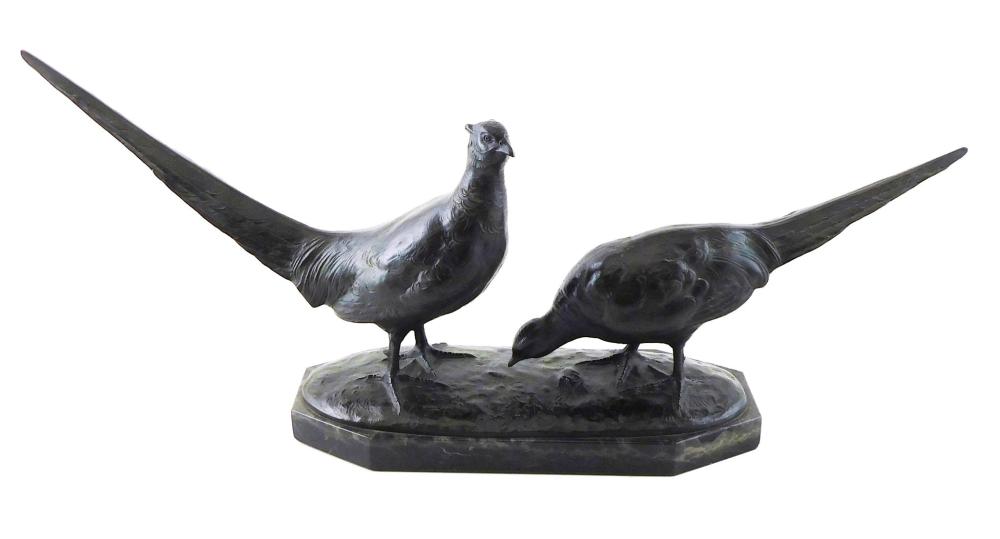 Otto Poertzel (German, 1876-1963) "Two Pheasants" bronze sculpture, painted dark brown, octagonal black marble plinth, signed in cas...