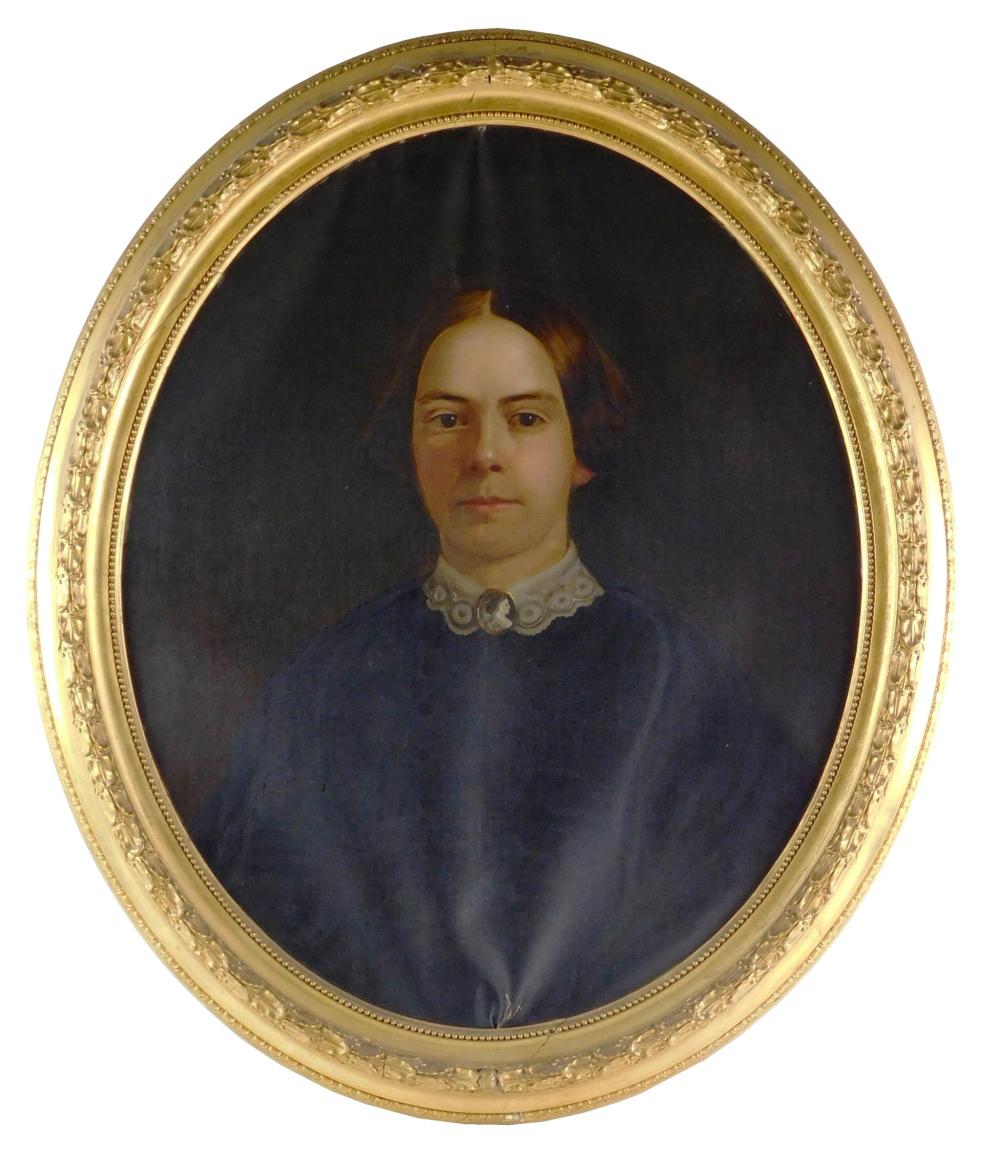 American 19th C. oil on canvas portrait of woman, in white lace collar with cameo brooch and dark dress, oval gilt frame, two paper...