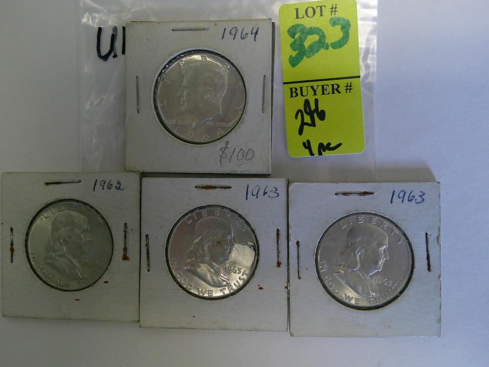 4 U.S. one half dollars - 90 percent silver coins - 3 Franklin, 1 Kennedy - Unc. Condition