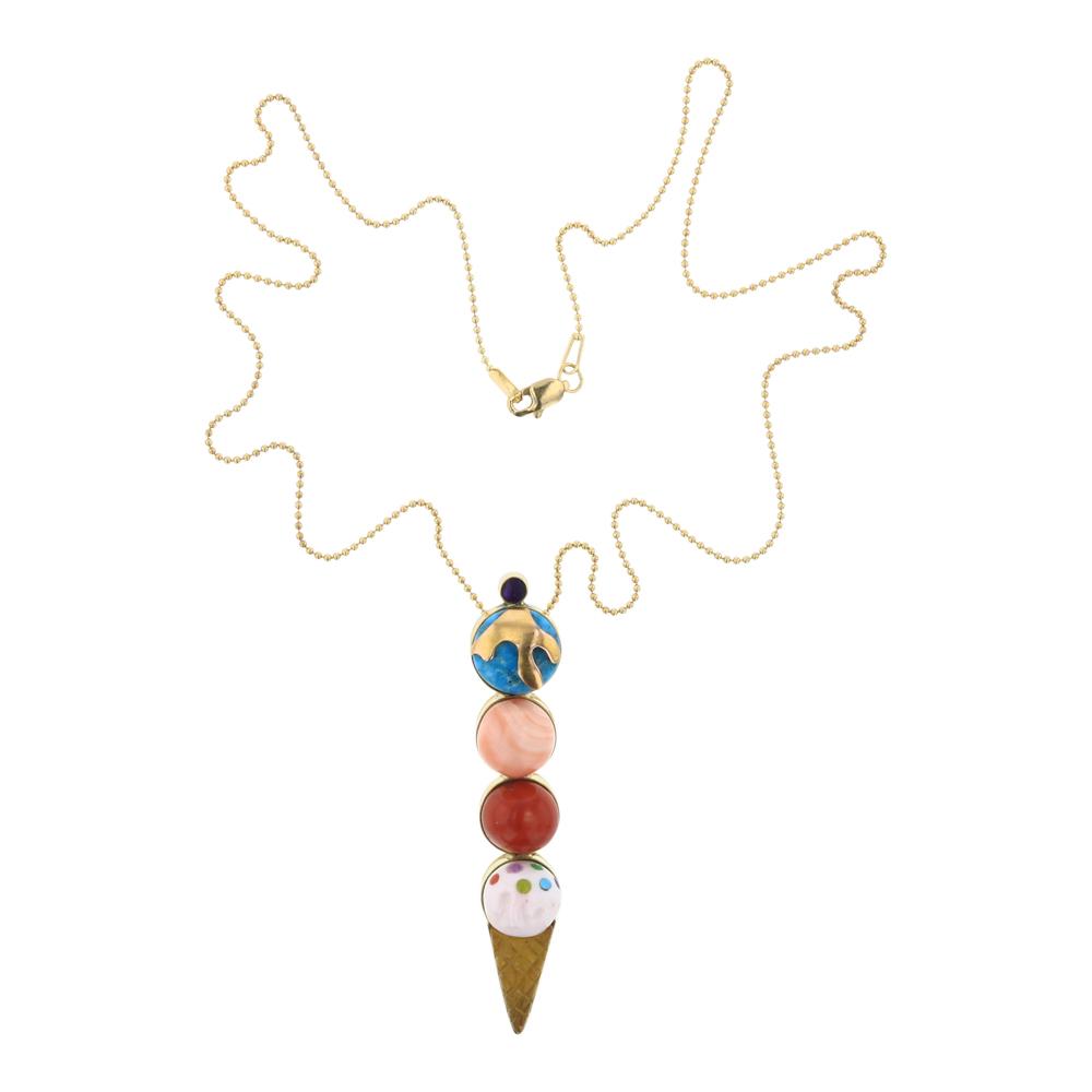 Dylan Poblano 18K Gold Gem Grade Turquoise & Coral Zuni Inlay Four Scoop Cartoon Ice cream Necklace