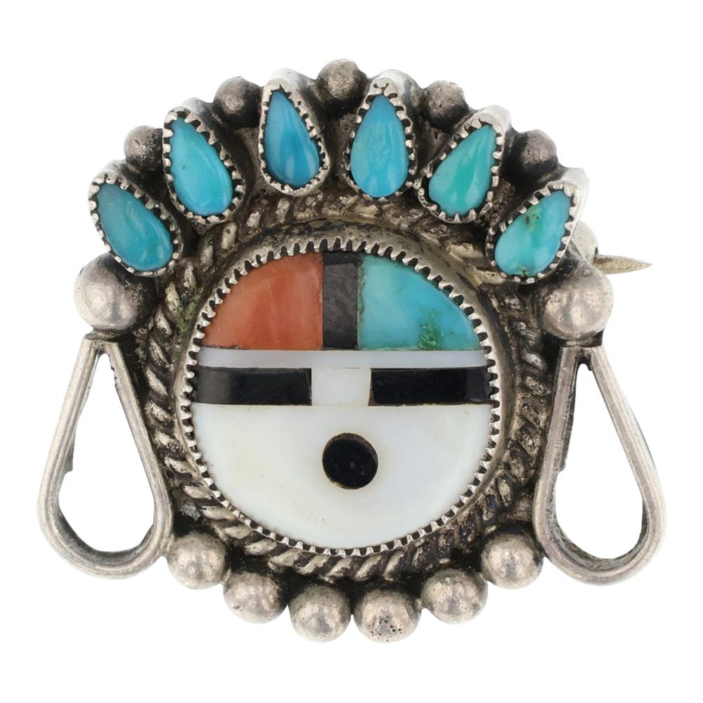 Vintage Zuni Turquoise & Coral Shell Pin