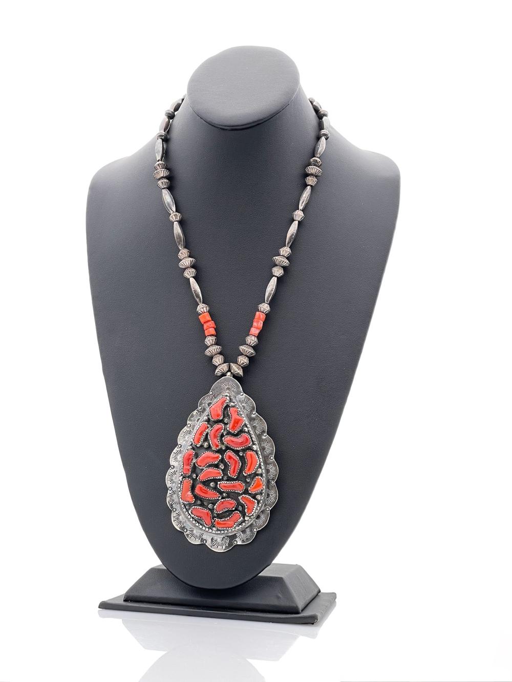 CH NATIVE AMERICAN STERLING SILVER CORAL PENDANT NECKLACE