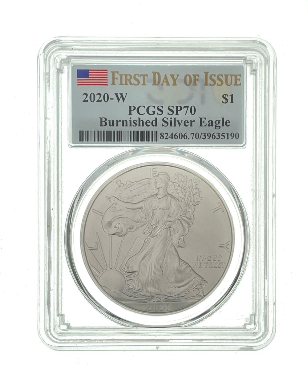 2020-W BURNISHED AMERICAN SILVER EAGLE FDOI PCGS SP70
