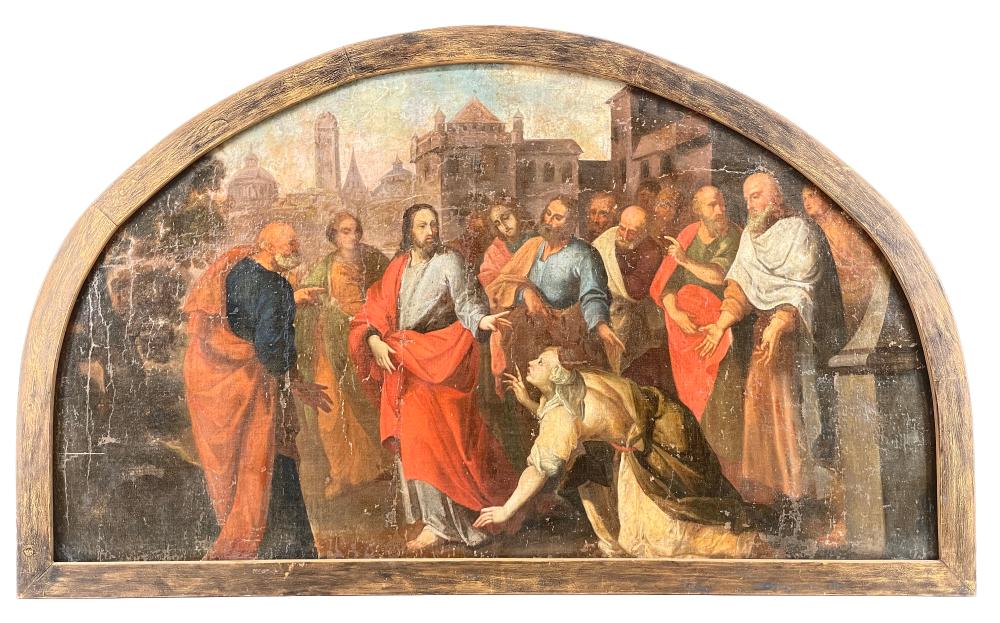 ANTIQUE JESUS AND HIS DISCIPLES OIL ON CANVAS MOUNTED TO BOARD