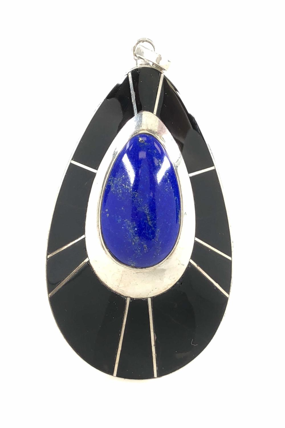 CHAD HOSKIE NAVAJO STERLING SILVER LAPIS & ONYX MODERNIST PENDANT