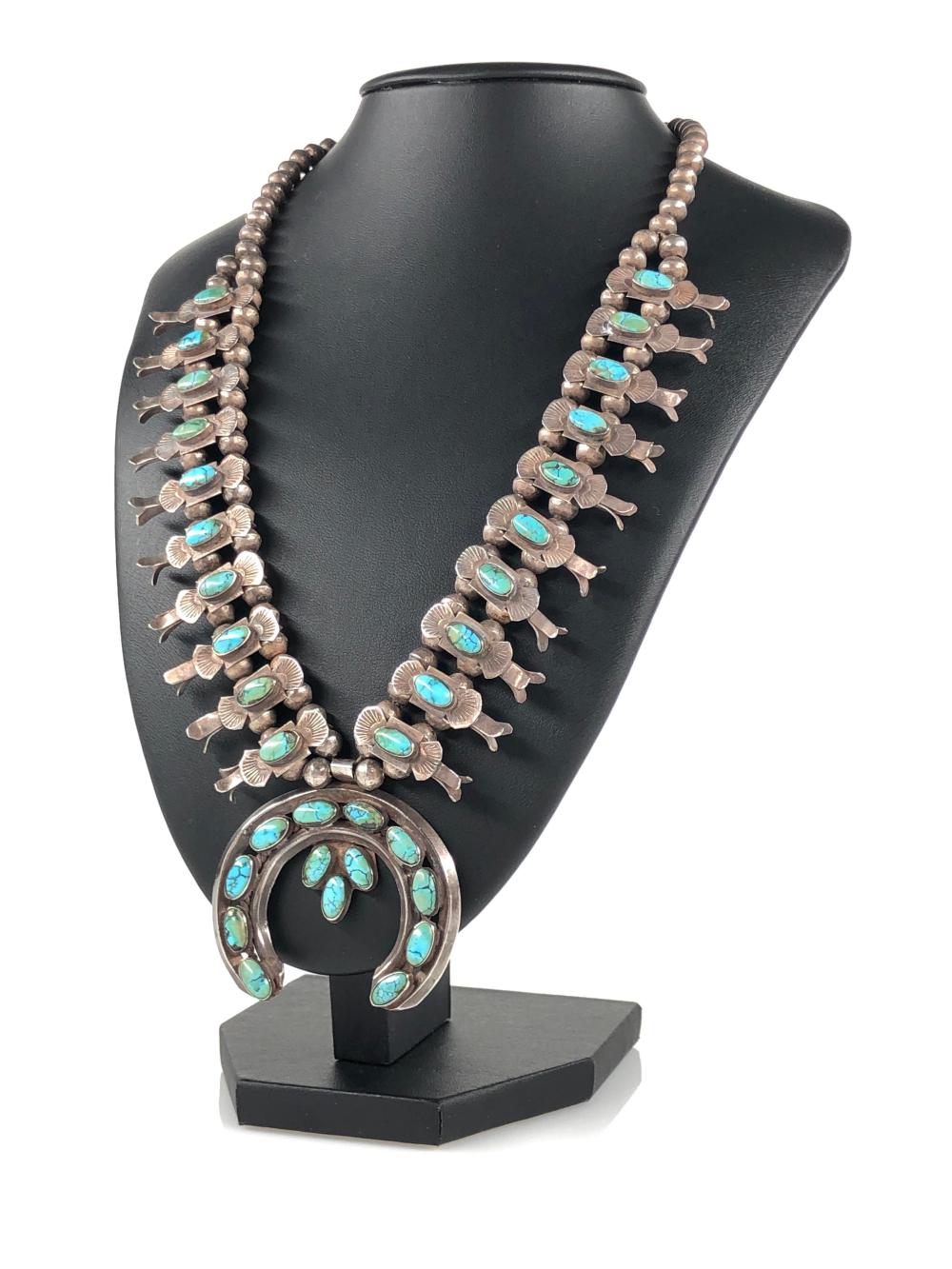 VINTAGE NATIVE AMERICAN STERLING SILVER & TURQUOISE SQUASH BLOSSOM NECKLACE