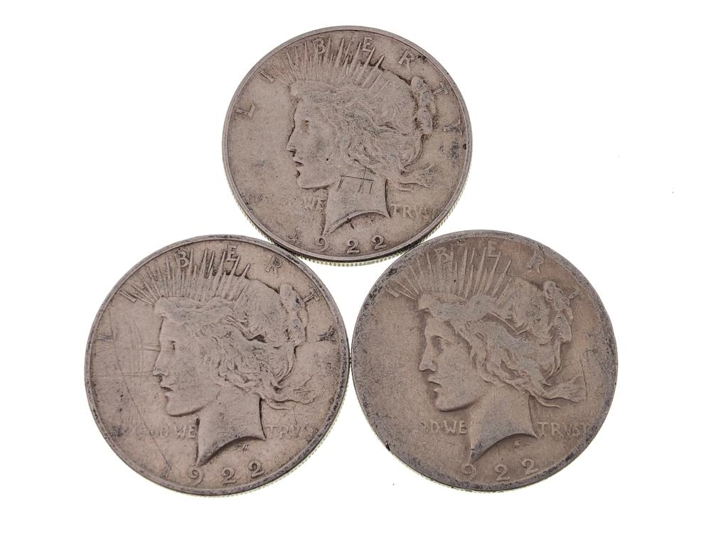 Lot of 3 1922 Silver Peace Dollars