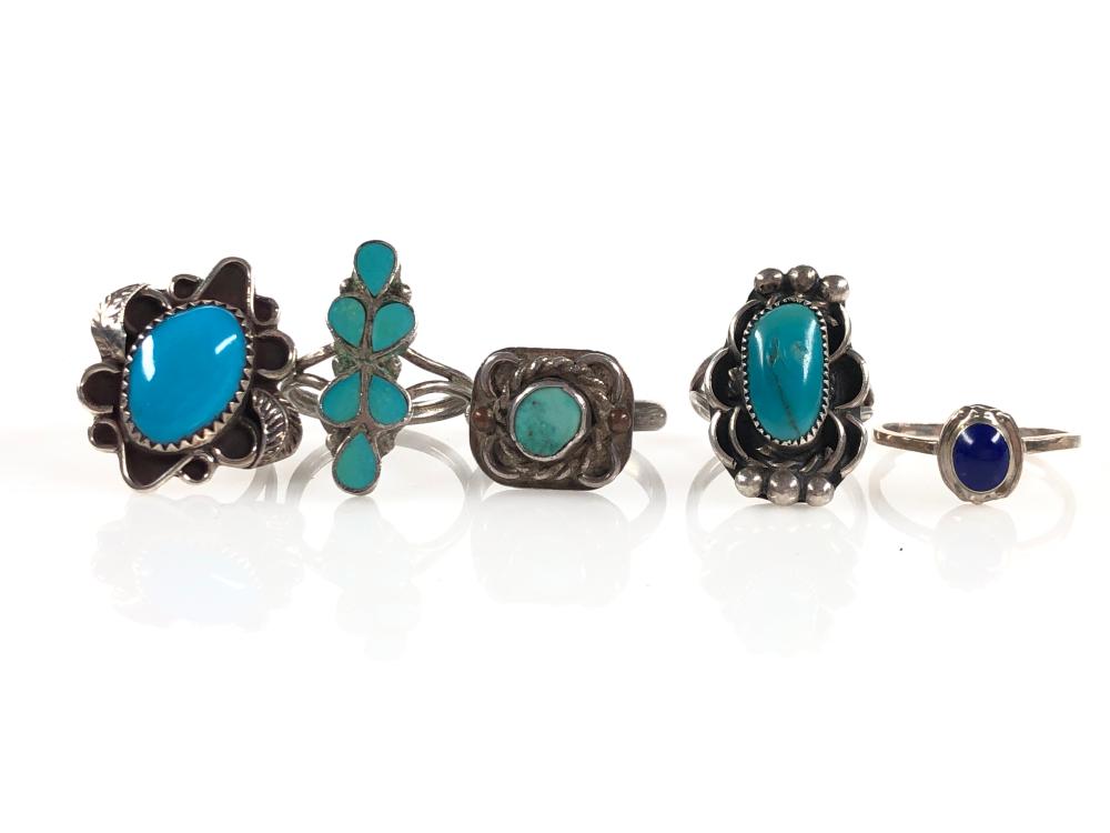5pc Native American Sterling Turquoise & Lapis Rings