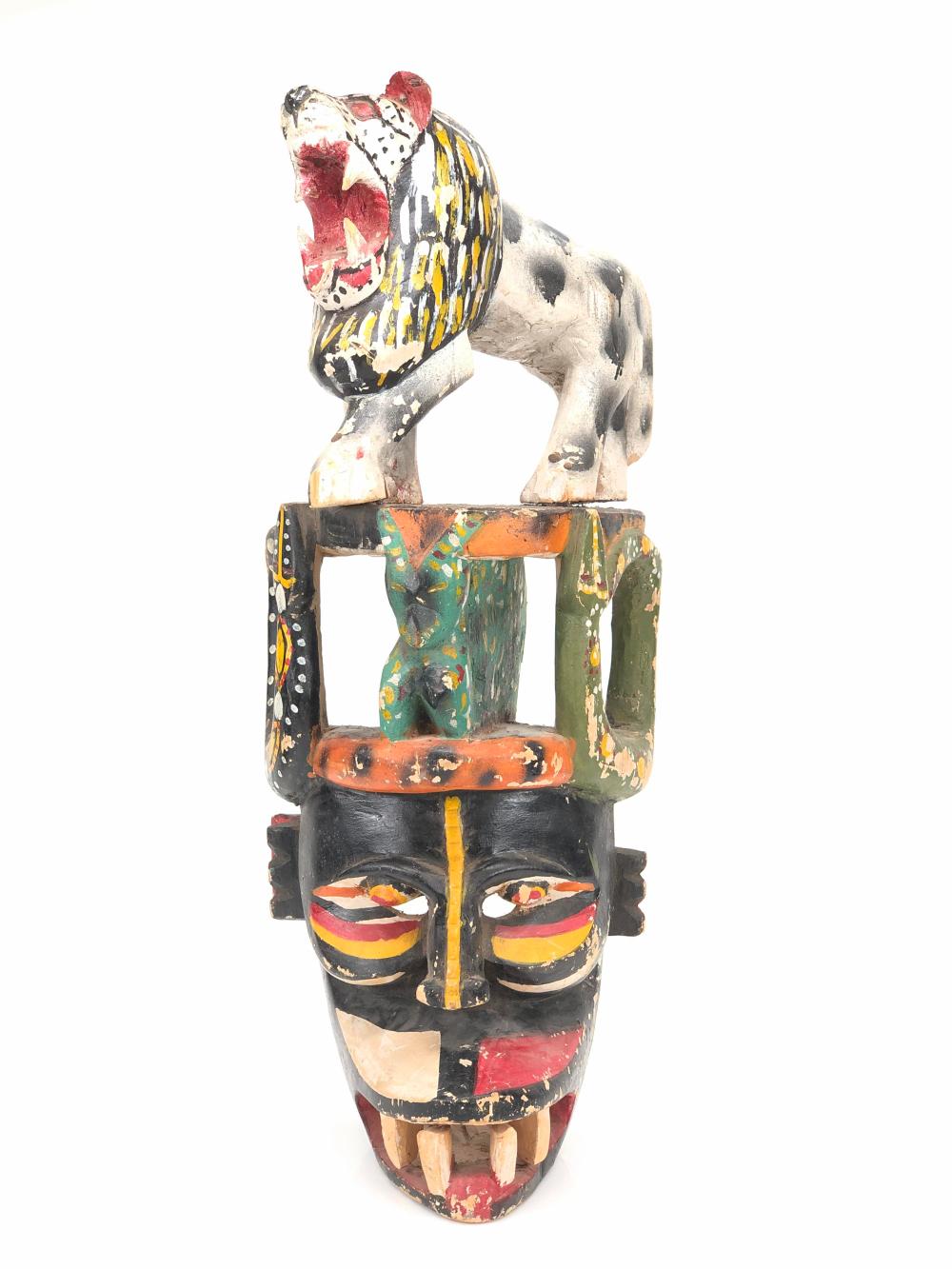 VINTAGE CARVED WOOD TRIBAL TOTEM POLYCHROME MASK