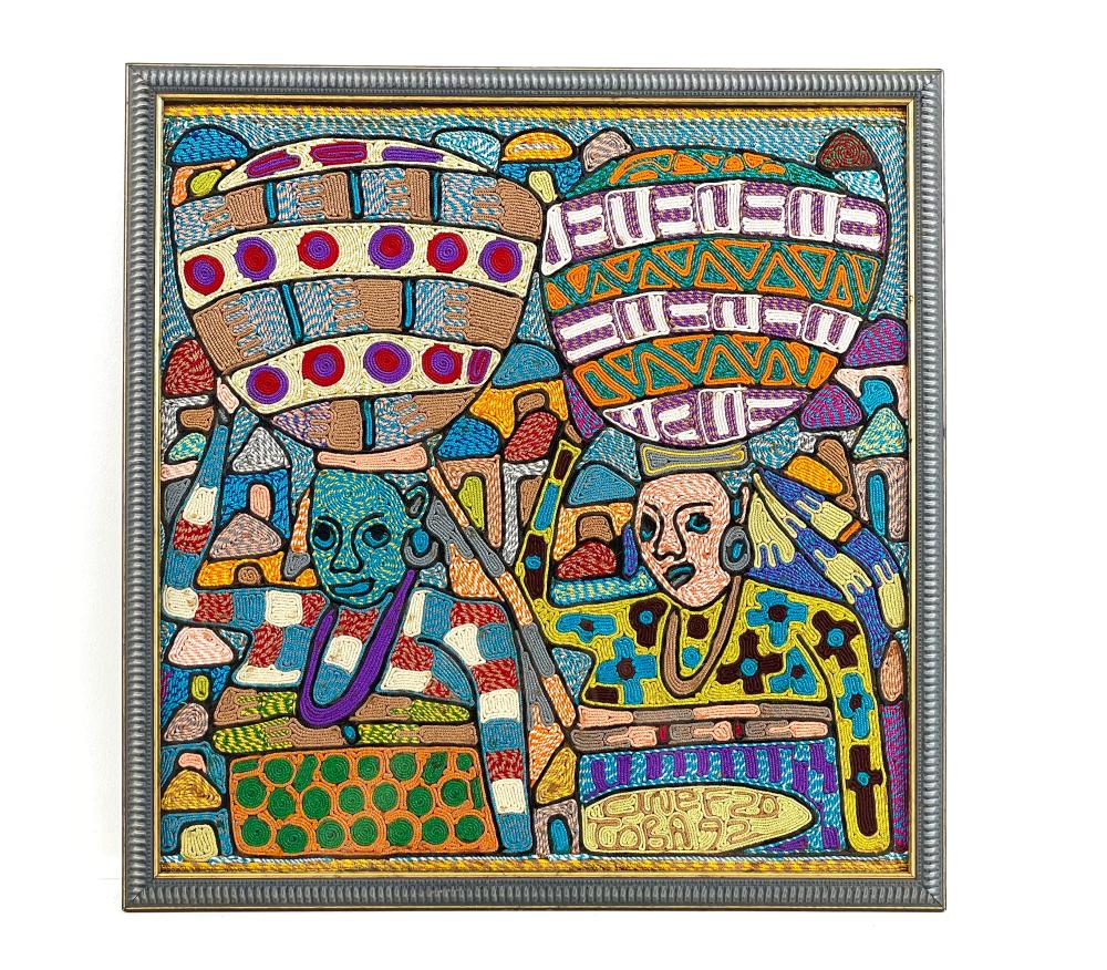 ZACHEUS OLOWONUBI OLORUNTOBA UNTITLED (VILLAGERS) EMBROIDERED DYED THREAD ON CANVAS