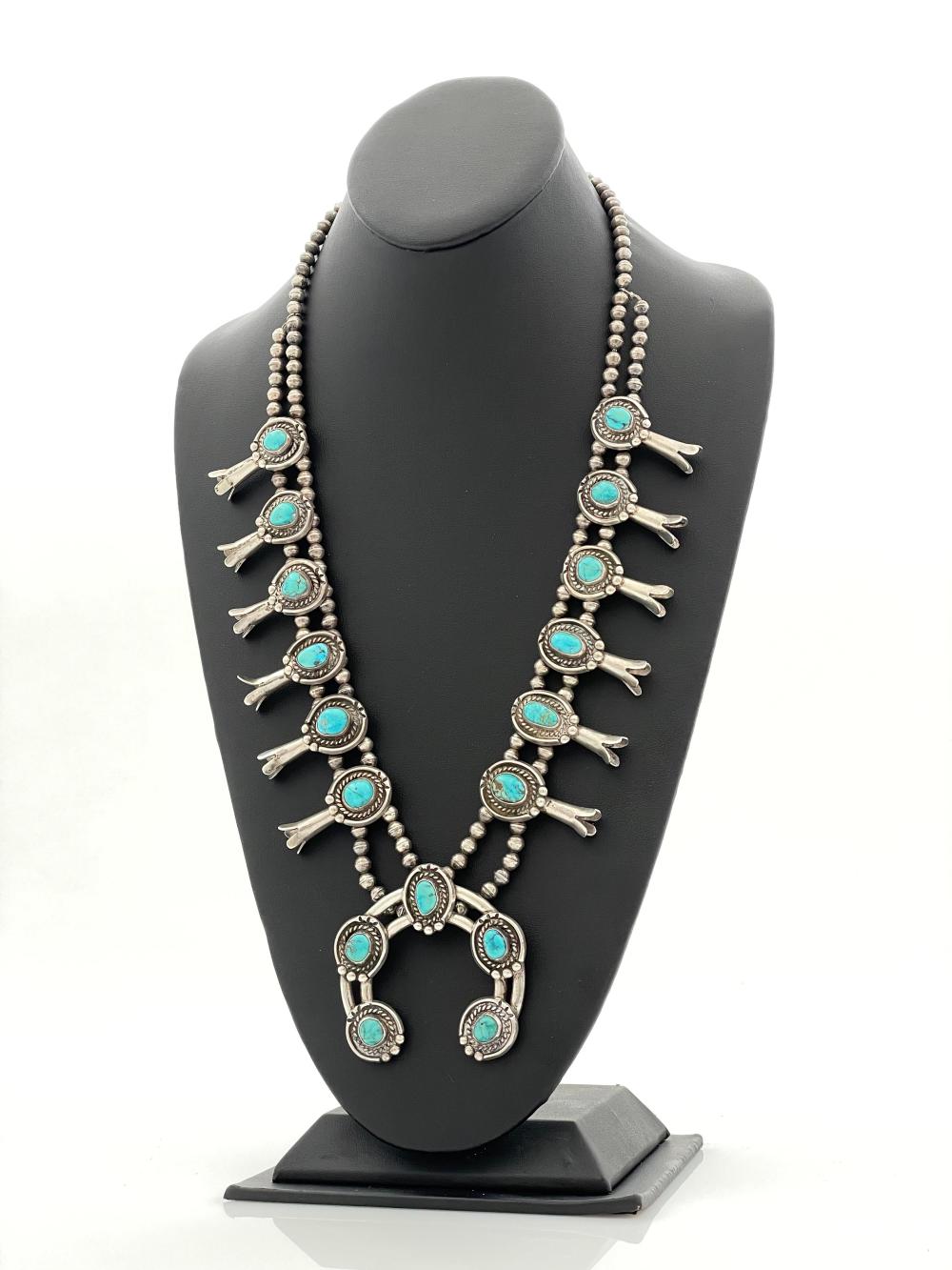 VINTAGE NAVAJO STERLING SILVER TURQUOISE SQUASH BLOSSOM NECKLACE