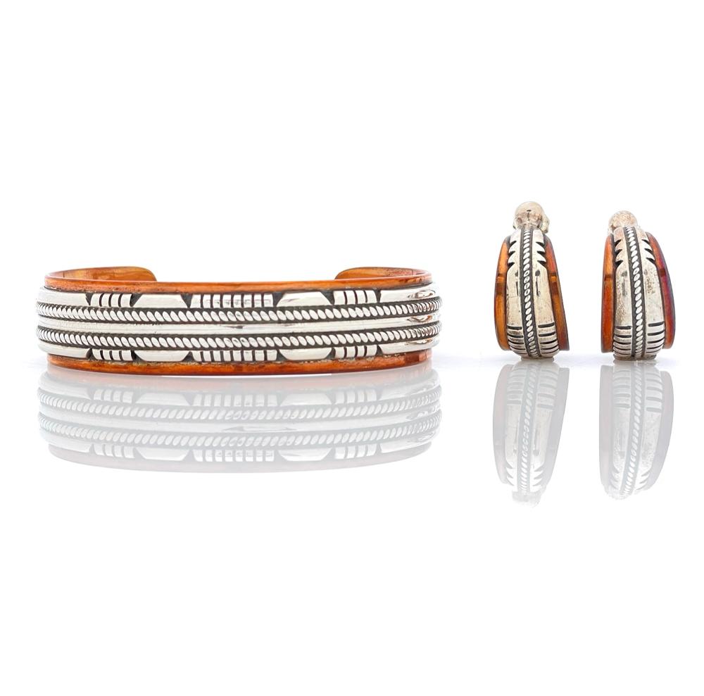 WALDECK JOHNSON NAVAJO STERLING SILVER & COPPER CUFF & EARRINGS SET