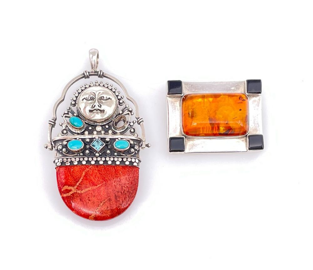 LOT OF 2 SOUTHWESTERN STERLING SILVER GEMSTONE PENDANT & BROOCH