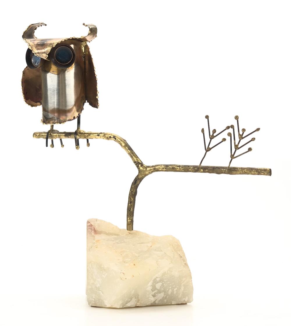 EARLY CIRCA 1969 CURTIS JERE "OWL ON BRANCH" BRASS TABLE TOP MID CENTURY MODERN ART SCULPTURE