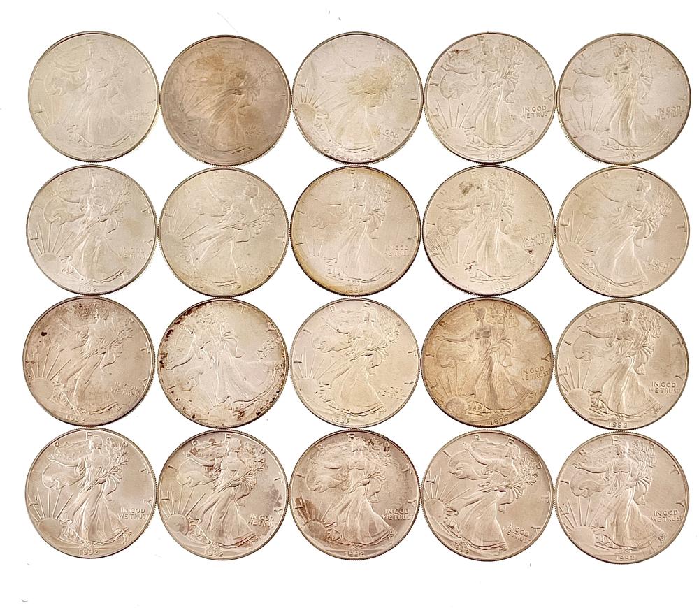 LOT OF 20 1992 AMERICAN SILVER EAGLES