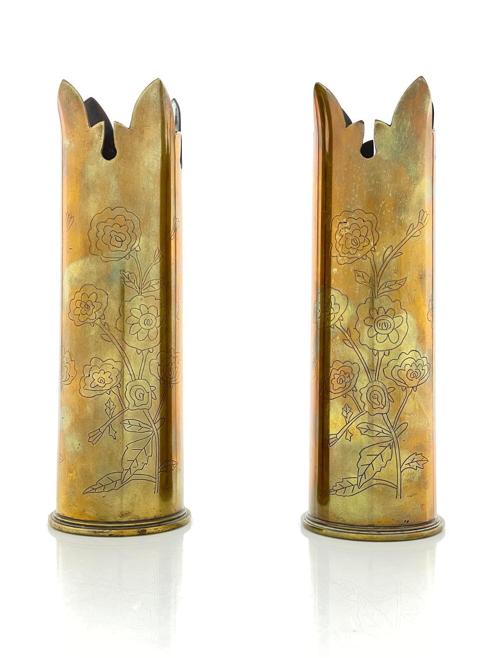 PAIR WWI TRENCH ART BRASS ARTILLERY SHELL VASES WITH FLORAL MOTIF