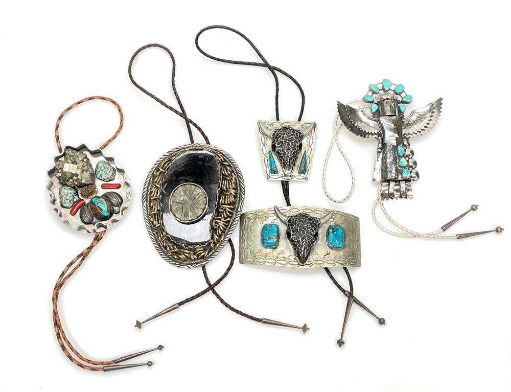 LOT OF 5 SOUTHWEST NATIVE AMERICAN STYLE NICKEL SILVER BOLO TIES AND BELT BUCKLE