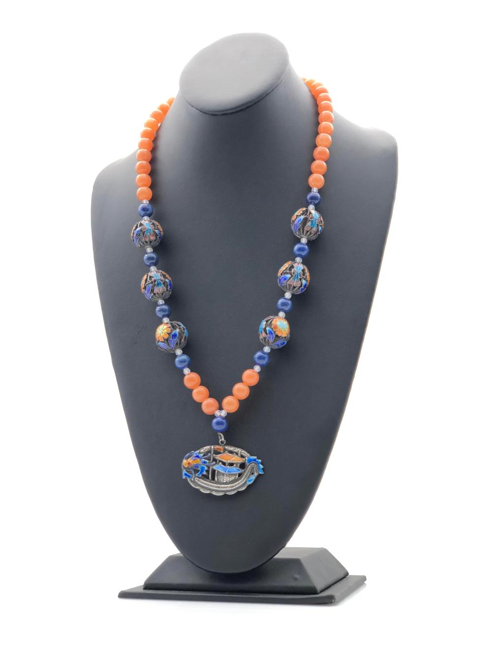 VINTAGE SILVER JADE LAPIS CLOISONNE PENDANT NECKLACE