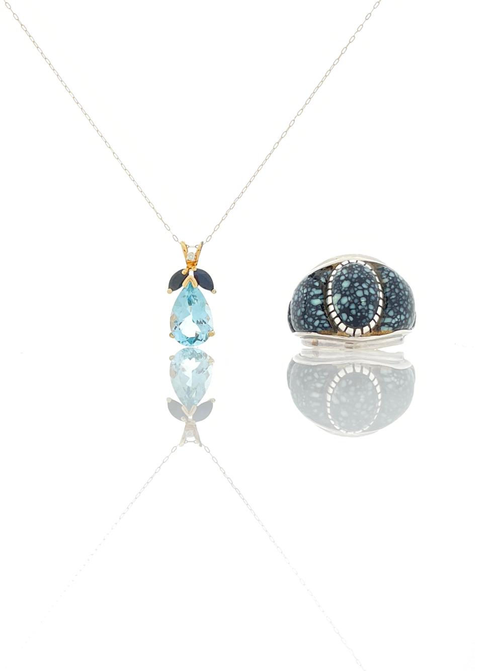 LOT OF 2 14K YELLOW GOLD MULTI GEMSTONE PENDANT NECKLACE & STERLING SILVER TURQUOISE RING