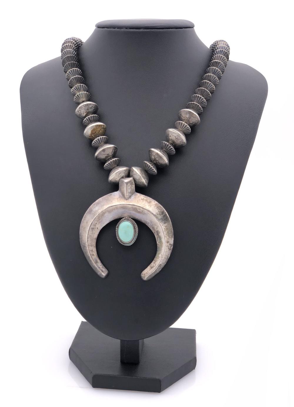 OLD PAWN NATIVE AMERICAN STERLING SILVER TURQUOISE SQUASH BLOSSOM NECKLACE