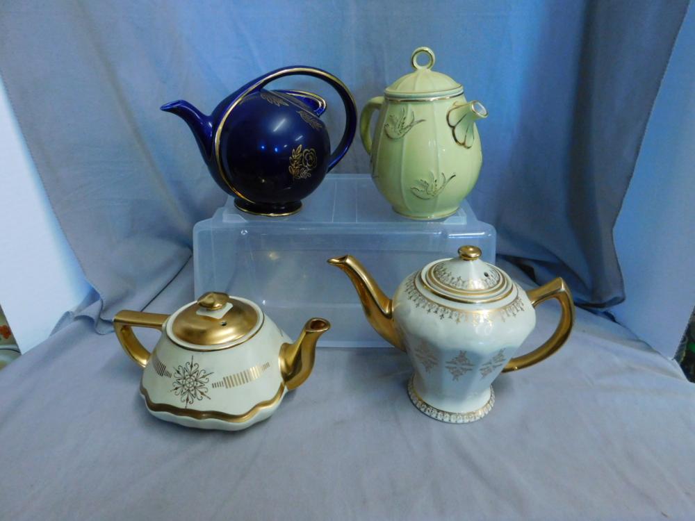 Four Hall China Gold Decorated Teapots