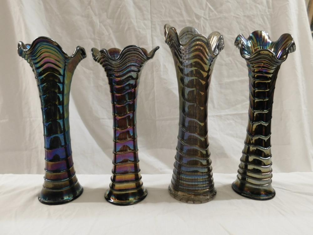 Four Imperial Carnival Glass Ripple Swung Vases