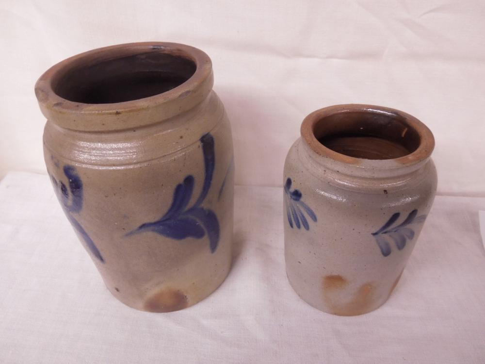 2 Small Salt Glazed Cobalt Decorated Crocks