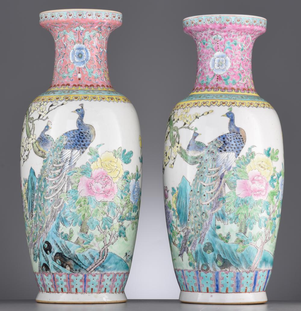 Two Chinese famille rose vases, 20thC, H 59,5 cm