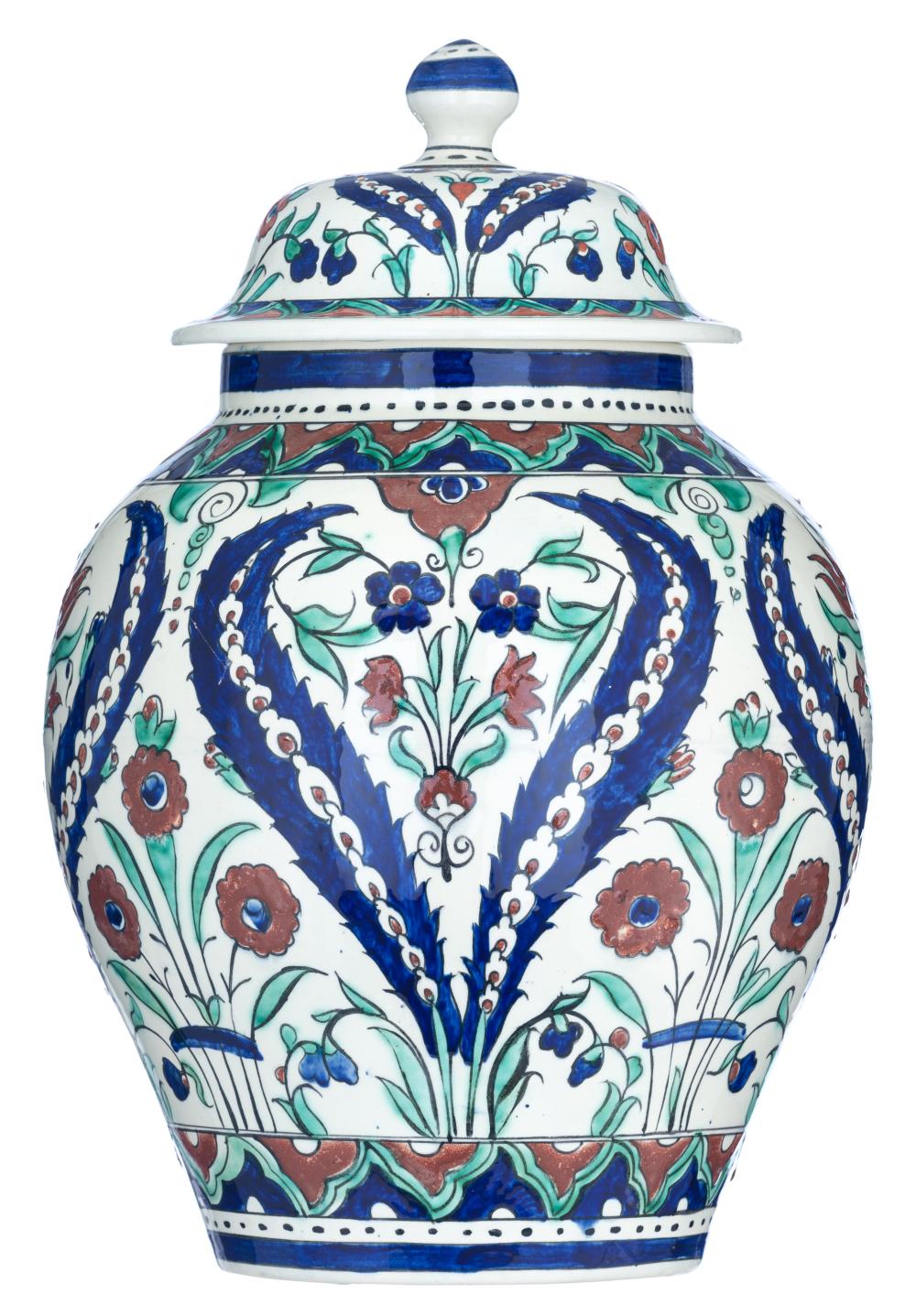 An Iznik style polychrome decorated vase and cover, Boch Frères Keramis, H 50 cm
