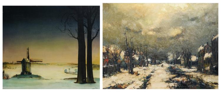 Stientjes S., a Flemish Ardennes winter view, oil on canvas, dated 1952; added Bosschaert B., a winter view, oil on canvas, 59 x 70 - 60 x 80 cm