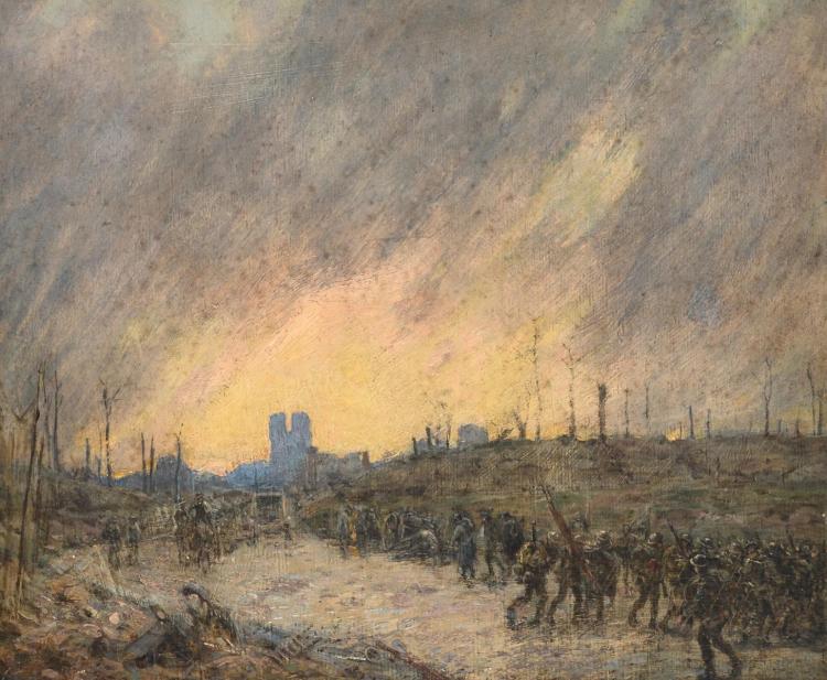 Cooper R.T., 'The Menin Gate October evening '17' (British troopers at the former Menin Gate at Ypres), oil on plywood, 31 x 35 cm
