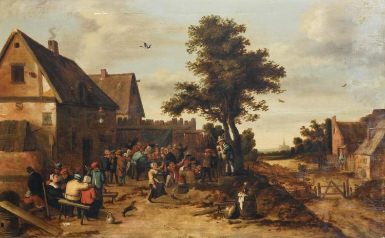 Unsigned, a Flemish kermess in the manner of Teniers, oil on panel, 17thC, 50 x 78 cm